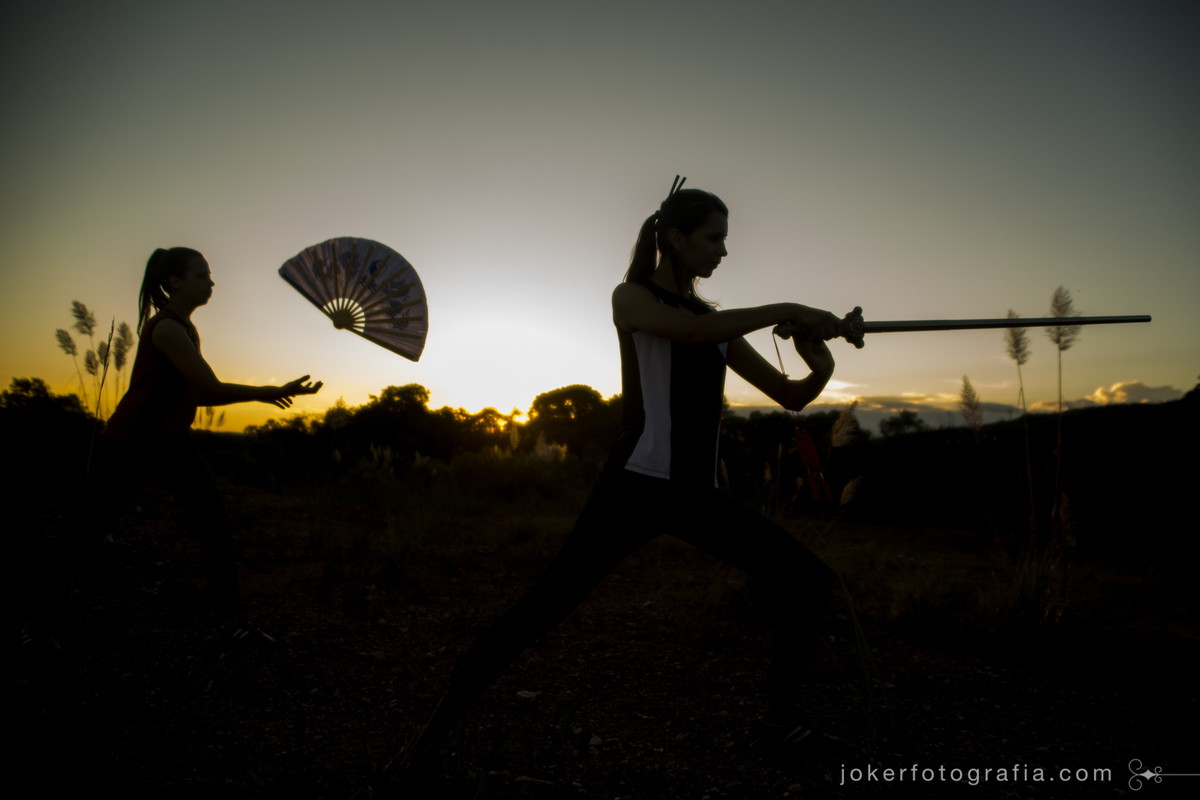 fotógrafo de esportes em curitiba faz fotos artísticas de mulheres lutando kung fu e tai chi chuan com espada e leque