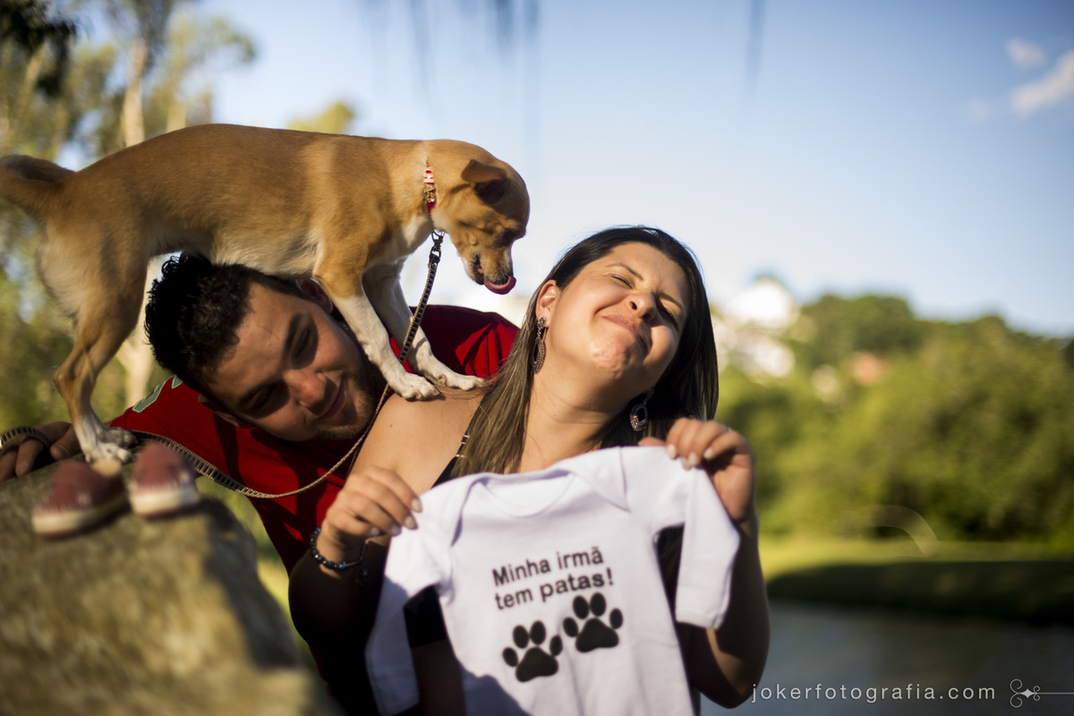 ensaio de gestante fotos divertidas com roupinha de bebê para família que tem cachorro