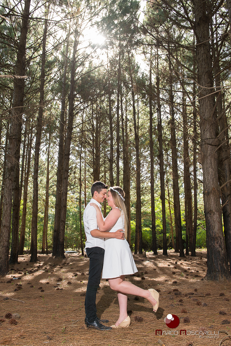 Noivo e noiva de rosto colado com lindo bosque de acacias ao fundo em ensaio pré-wedding. Foto por Marco Moscarelli