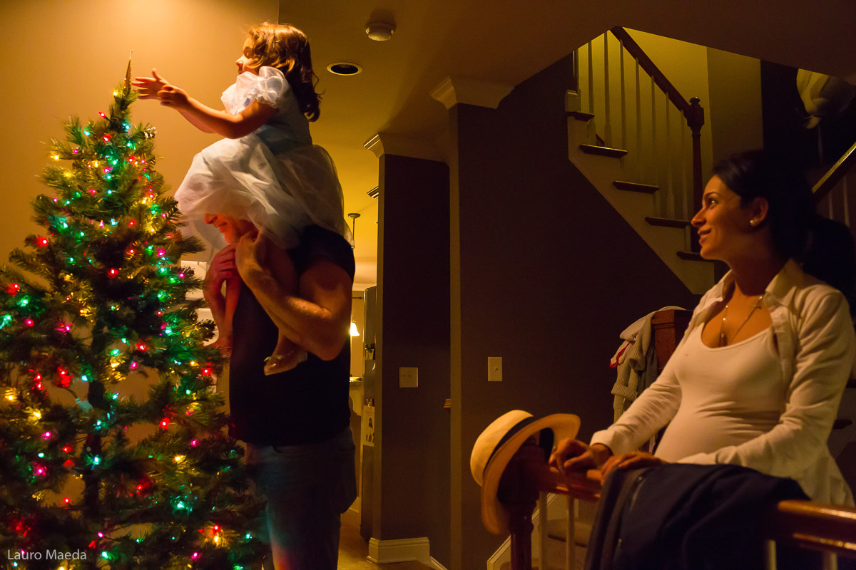 Família Laub montando a árvore de Natal