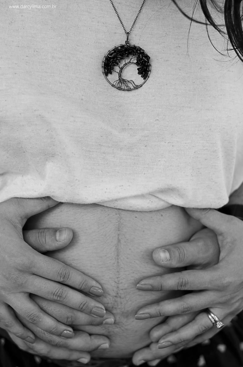 fotografia na vertical que mostra as maos do casal acariciando a barriga gravida