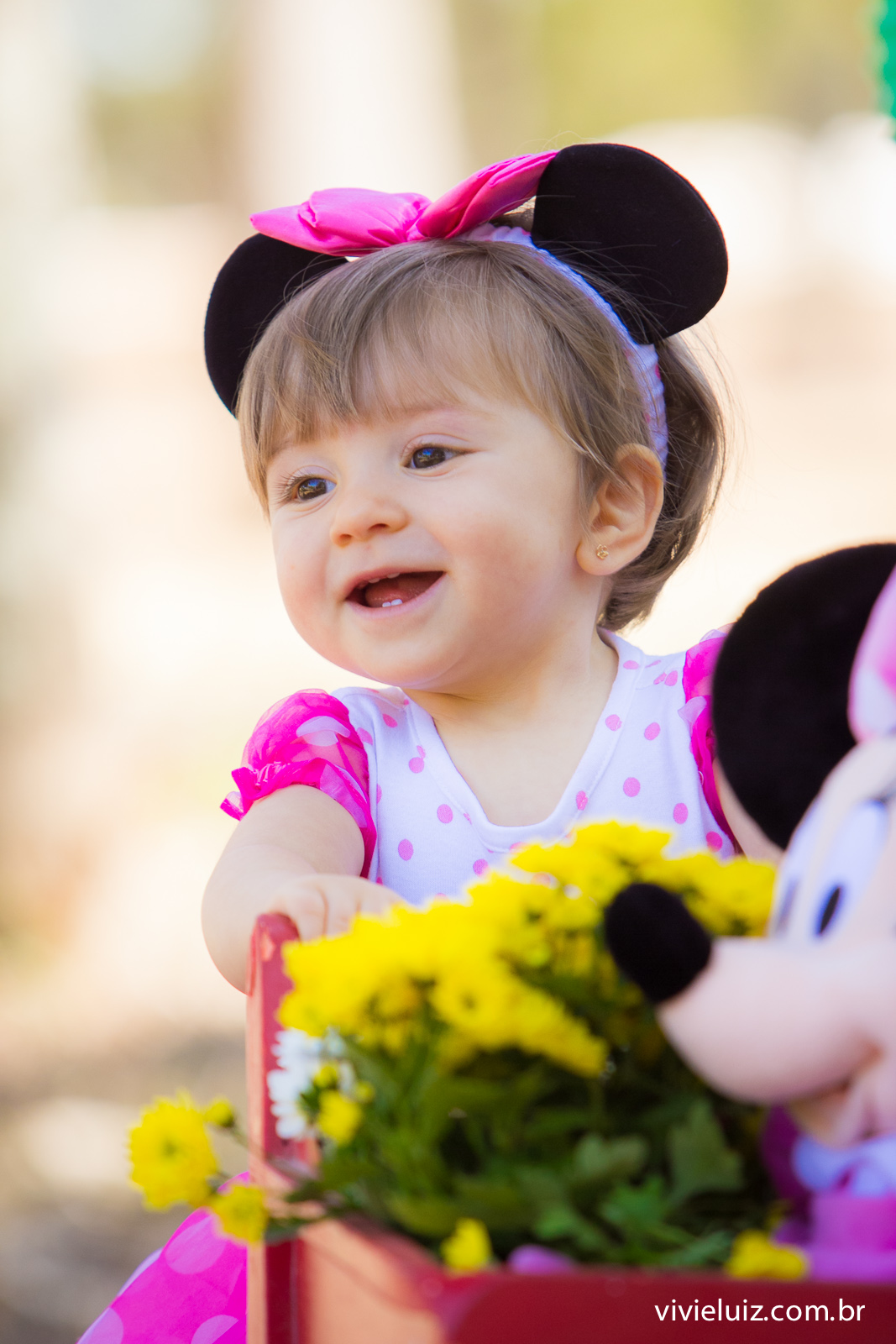 menina empurrando carrinho de compras com minie e flores amarelas