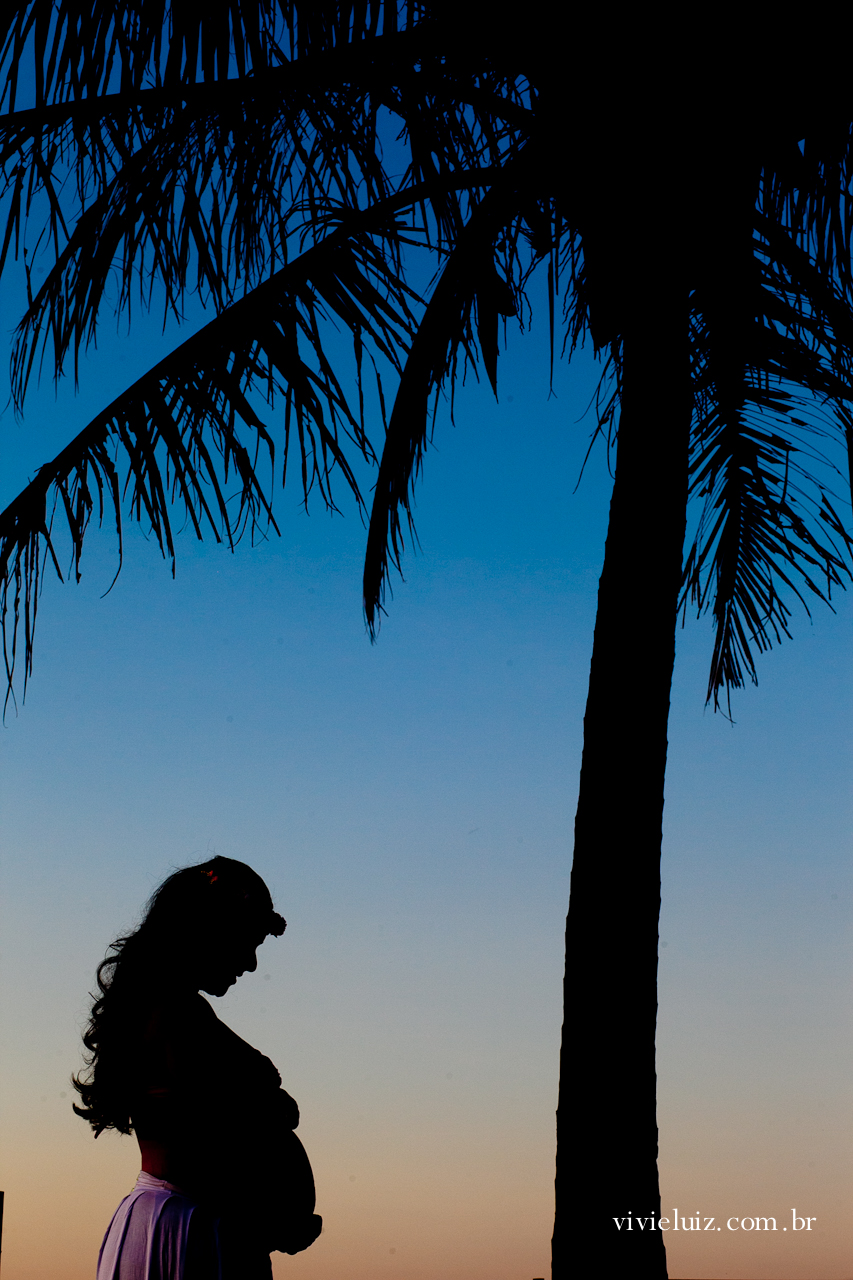 Gestante No pôr-do-sol com coqueiro