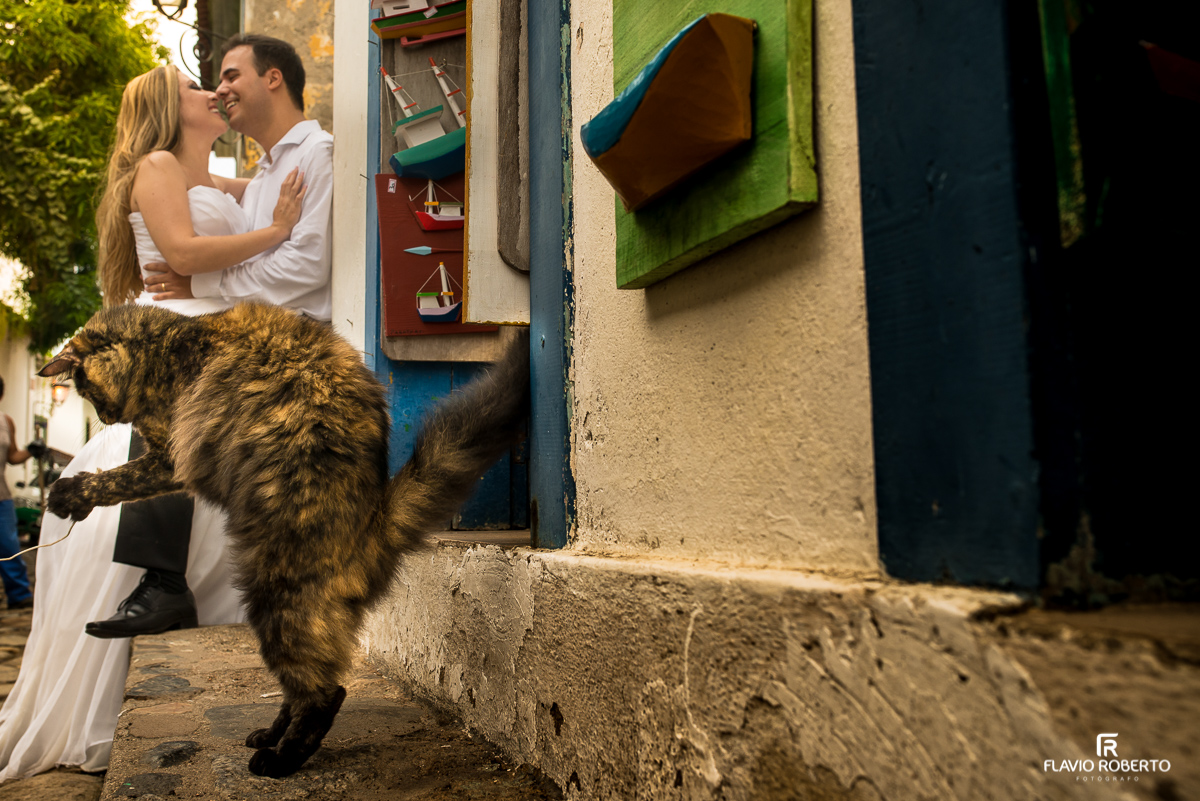 Casal se beijando aos olhos do gatinho