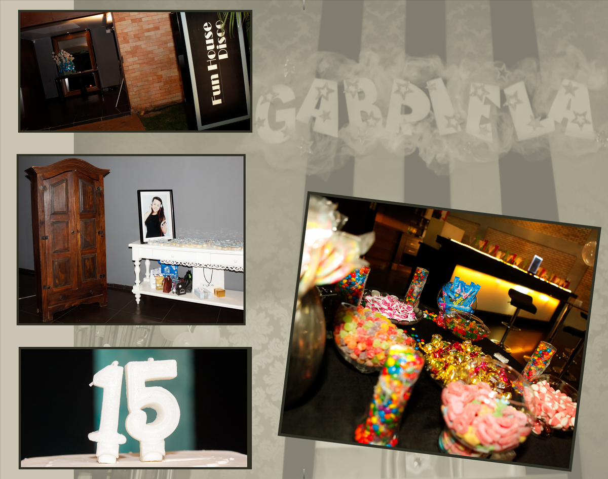 uma decoracao maravilhosa e muitos motivos para comemorar assim foi a festa da gabi em seus 15 anos, com participacao do fotografo nico localizado na octogonal