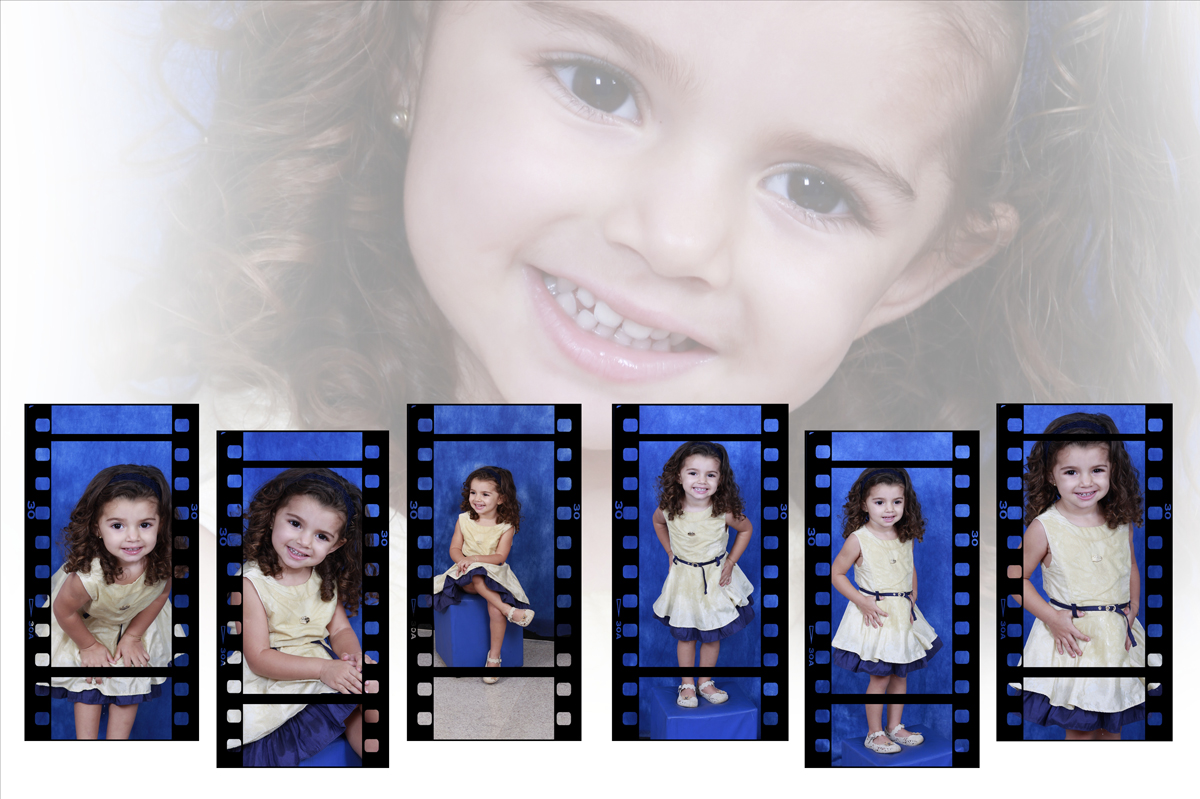 com tiras de filme fotografico este mosaico pode revelar varias poses da modelo mirim, venha fazer o seu ensaio fotografico no estudio do nico.