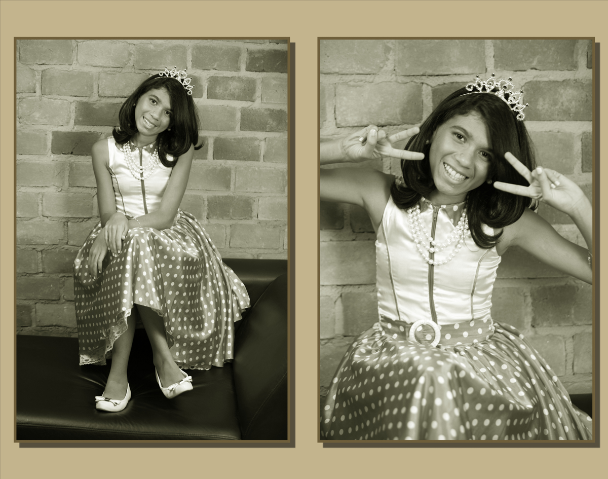 ao fundo uma parede de tijolinho e na frente uma modelo linda com caras e bocas para as fotos realizadas no estudio do nico