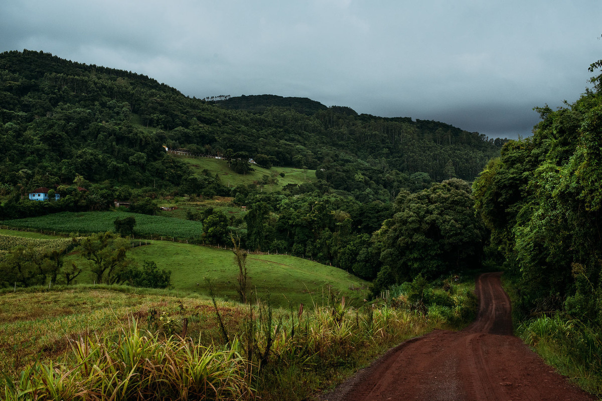 colinas verdes contrastam com céu nublado no interior de Teutonia
