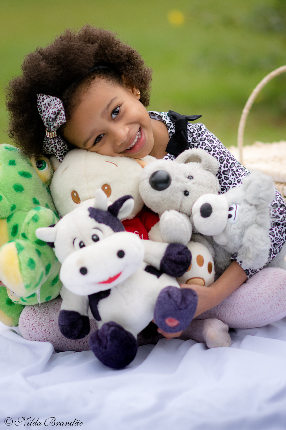 Julia posa com seus bichinhos favoritos. Ensaio infantil da Julia, no parque em São Paulo.