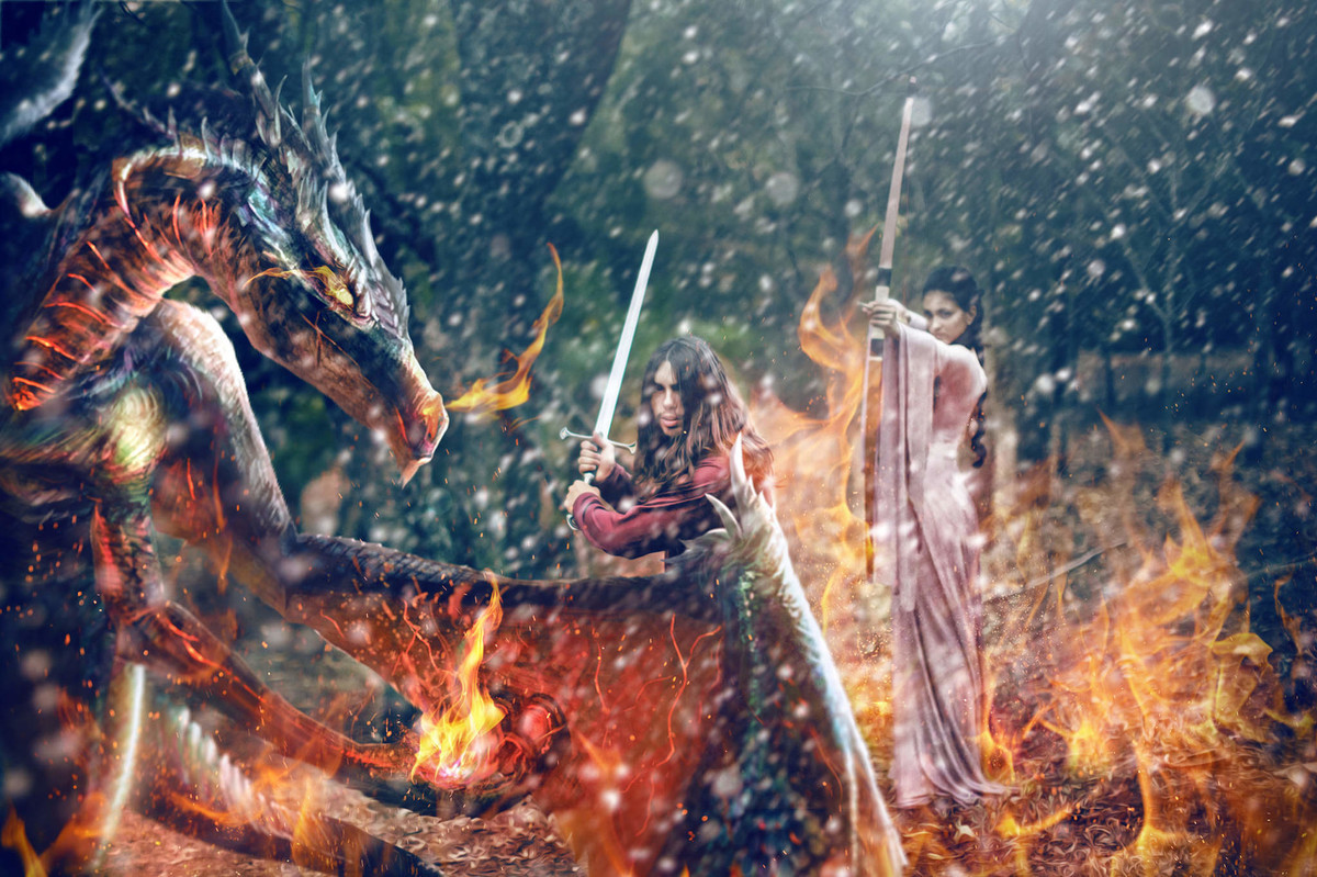 Casal lutando com dragão. www.rafaelohana.com. Couple fighting Dragon