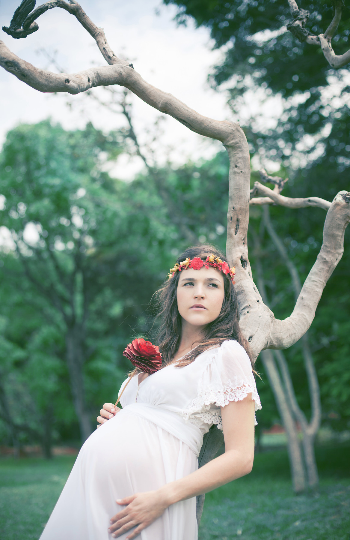 Gestante posando e olhando para o horizonte segurando flores vermelhas encostada em uma árvore. Fotografada pelo fotógrafo de gestantes Rafael Ohana em Brasília-DF
