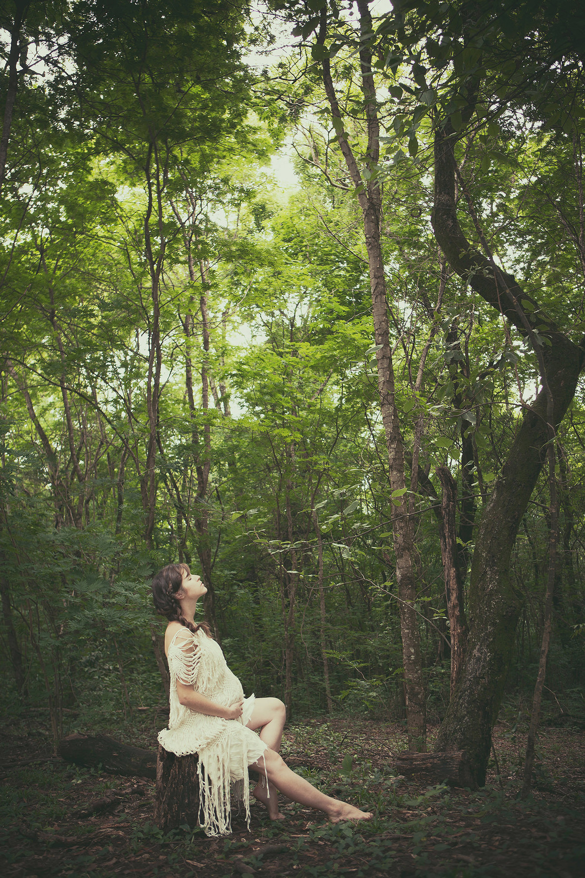 Grávida posando no estilo índia americana contemplando uma floresta em Brasília-DF