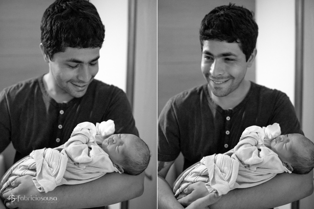 o papai orgulhoso segura seu filho em montagem de duas fotos