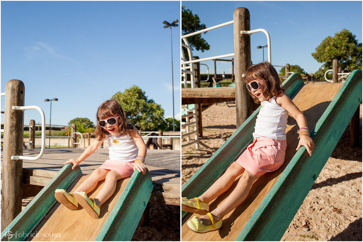 Montagem com duas fotos da Rebeca brincando no escorregador do parque