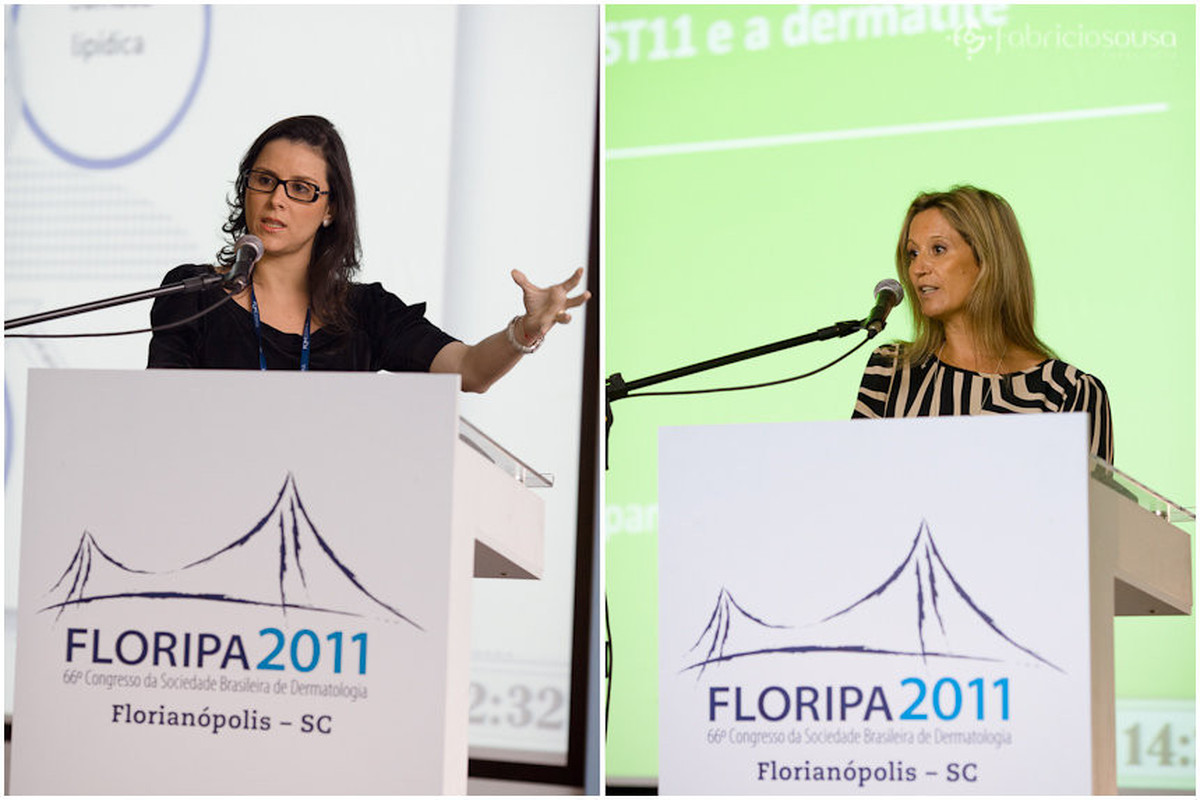 Montagem de duas fotos de duas palestrantes discursando