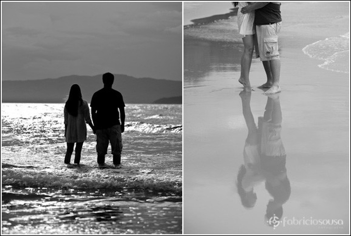 Montagem com duas fotos em preto e branco, à esquerda casal de maos dadas com água do mar até os joelhos e à direita reflexo dos namorados na areia molhada da praia