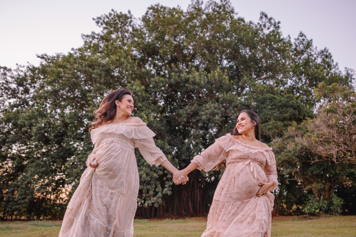 irmãs grávidas com vestidos iguais ensaio de gestante externo