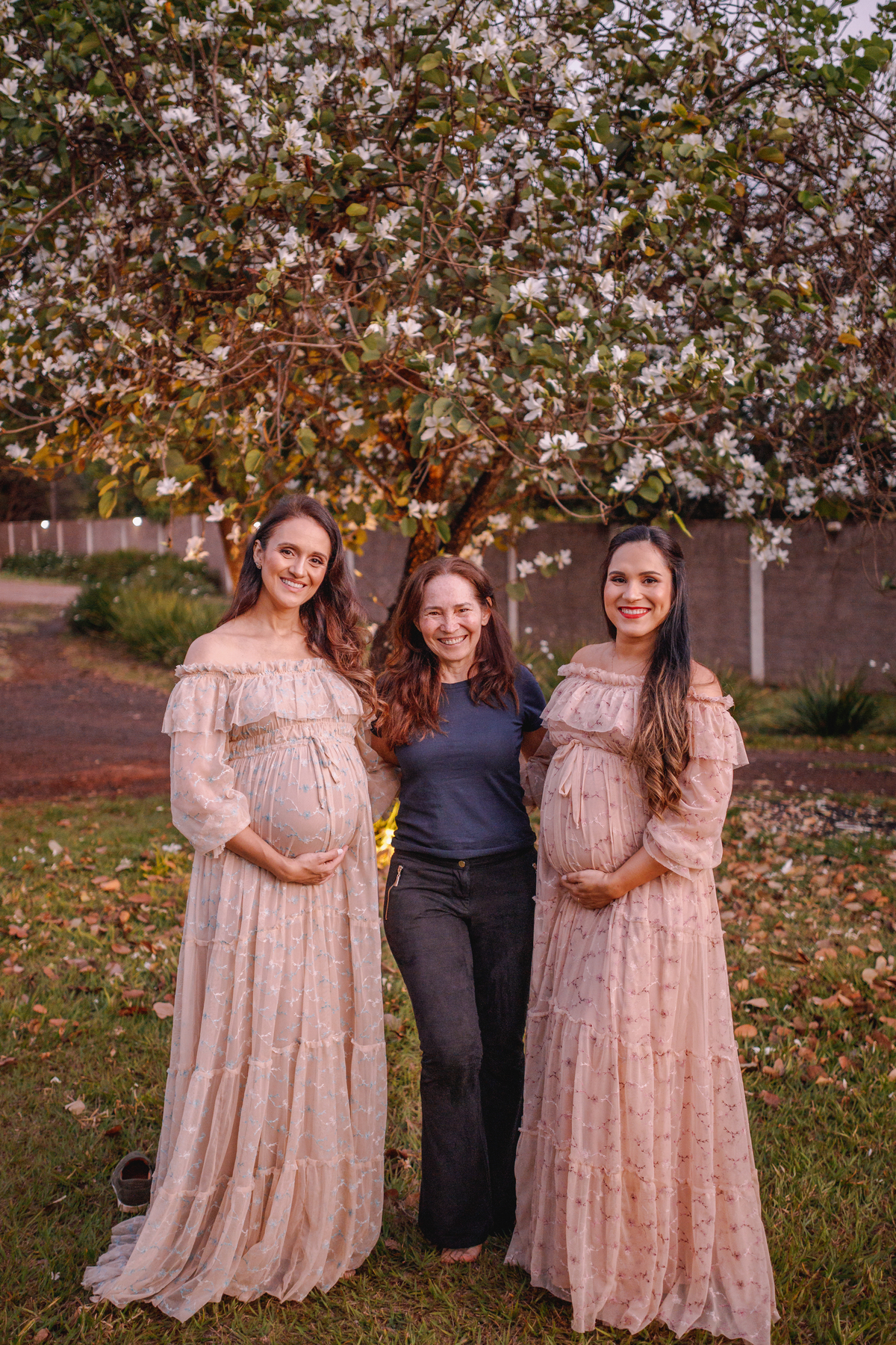 irmãs grávidas com vestidos iguais ensaio de gestante externo