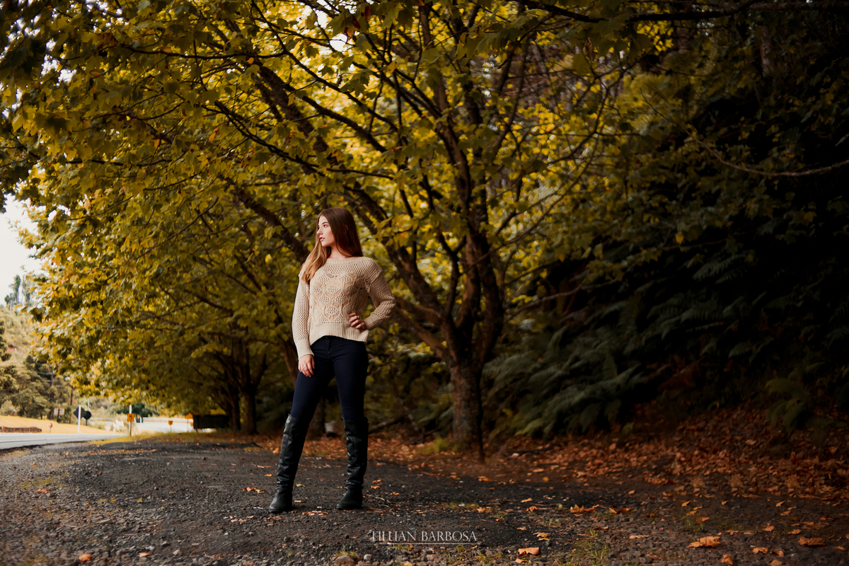 Ensaio externo de 15 anos na serra do rio do rastro com folha de platano estilo outono