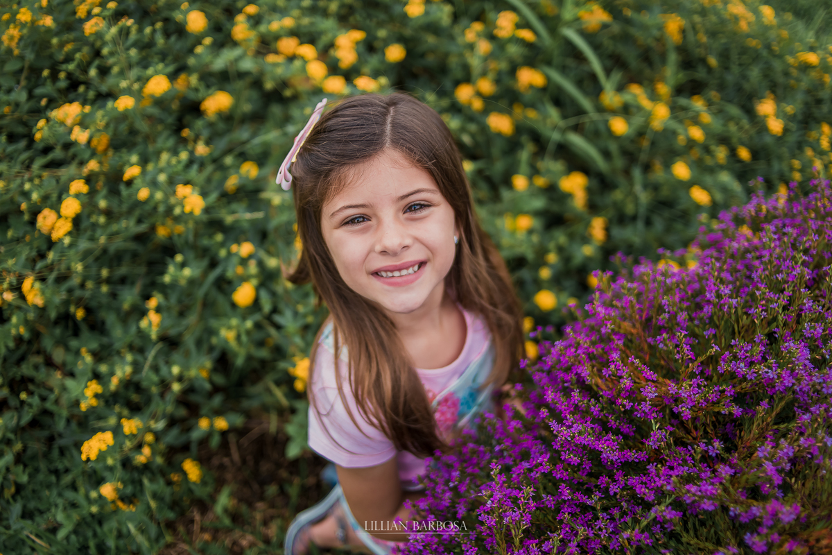 Ensaio infantil externo no Fiorellino Cocal do sul, menina no meio das flores com coroa de flor na cabeça, 7 anos, lillian barbosa fotografia, fotografa de lauro muller, santa catarina, serra do rio do rastro