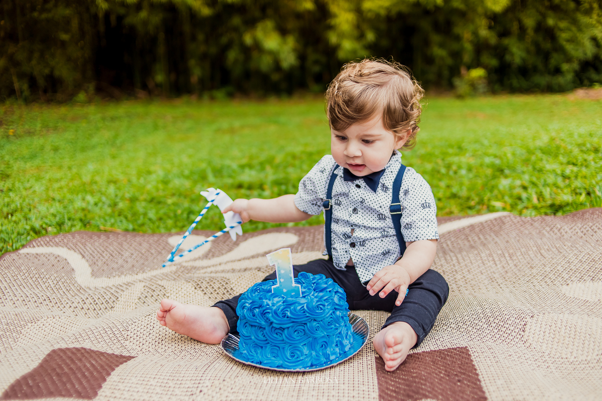 ensaio externo  infantil de menino de 1 ano em um jardim, jardim do castelo de lauro muller smash the cake