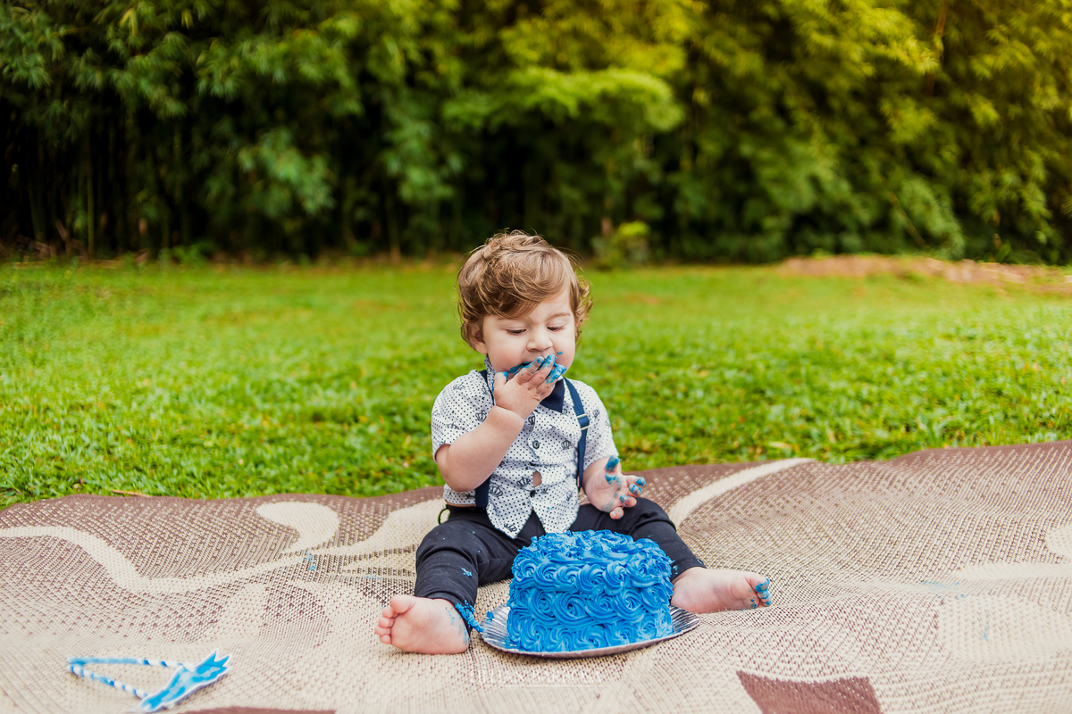 ensaio externo  infantil de menino de 1 ano em um jardim, jardim do castelo de lauro muller smash the cake