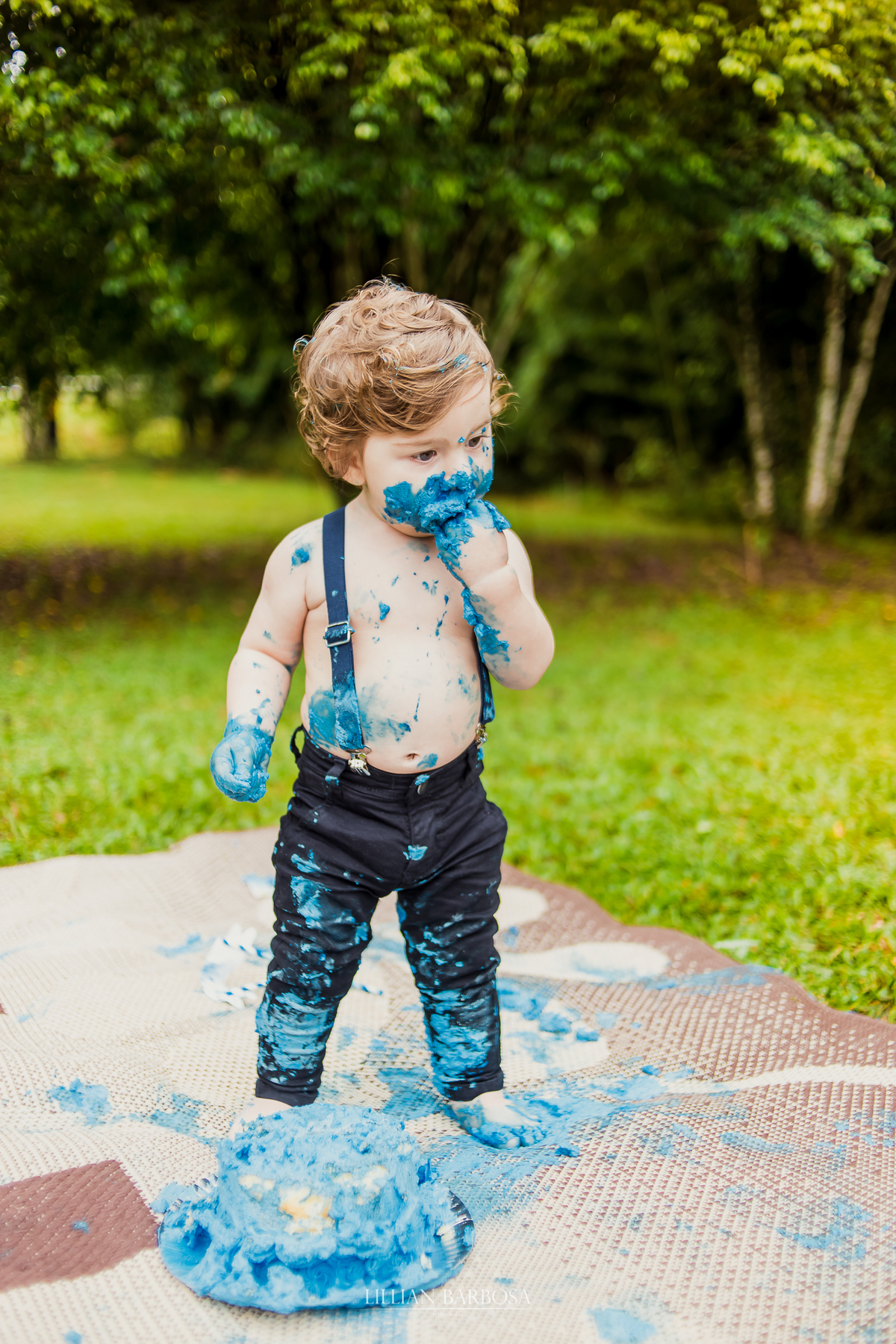 ensaio externo  infantil de menino de 1 ano em um jardim, jardim do castelo de lauro muller smash the cake