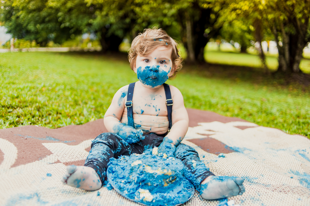 ensaio externo  infantil de menino de 1 ano em um jardim, jardim do castelo de lauro muller smash the cake