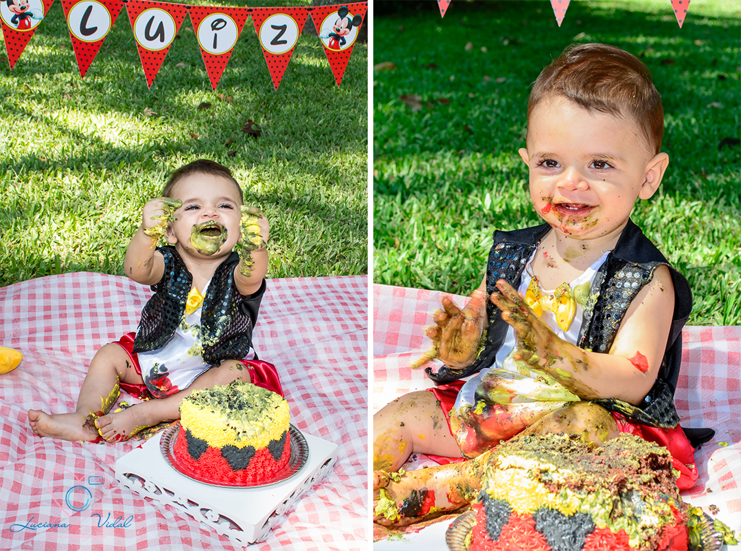 Ensaio Smash the cake Luiz, fotografia Luciana Vidal, em São Paulo. Jd. botânico, nessa seleção de fotos vemos a felicidade do pequeno com seu bolo, sentindo textura, cor e saberes.