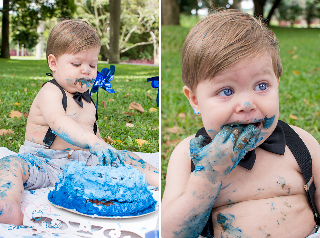 Ensaio Smash The Cake Miguel, fotografia Luciana Vidal em São Paulo, ensaio delicioso ele colocou a mãozinha toda na boca para experimentar o doce.