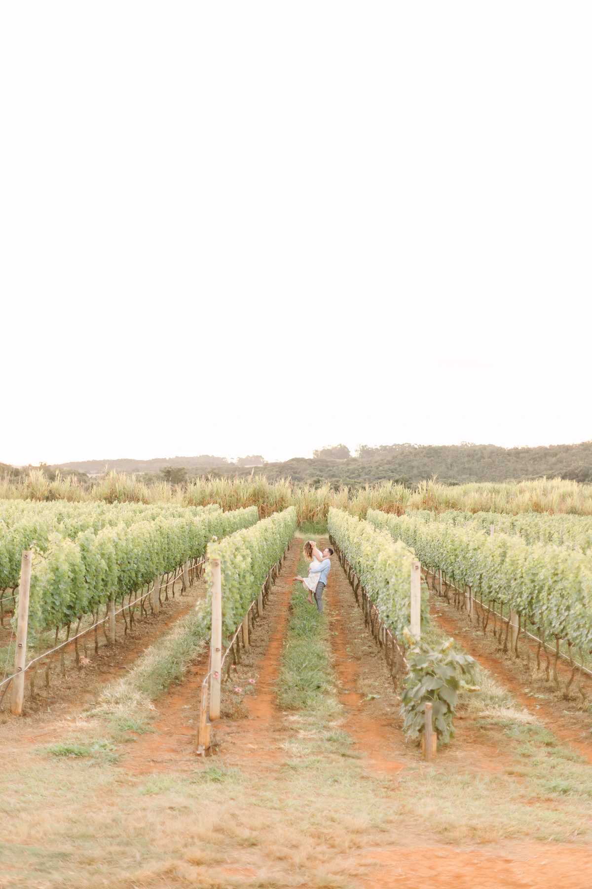 Ensaio de casal na Vinícola Casa Vitor, próximo a Brasília. Fotos da Marcella e do Henrique entre vinhedos, com luz natural e clima romântico. Fotografia de casal com estilo autoral, leve e espontâneo, em cenário elegante e diferente do tradicional.