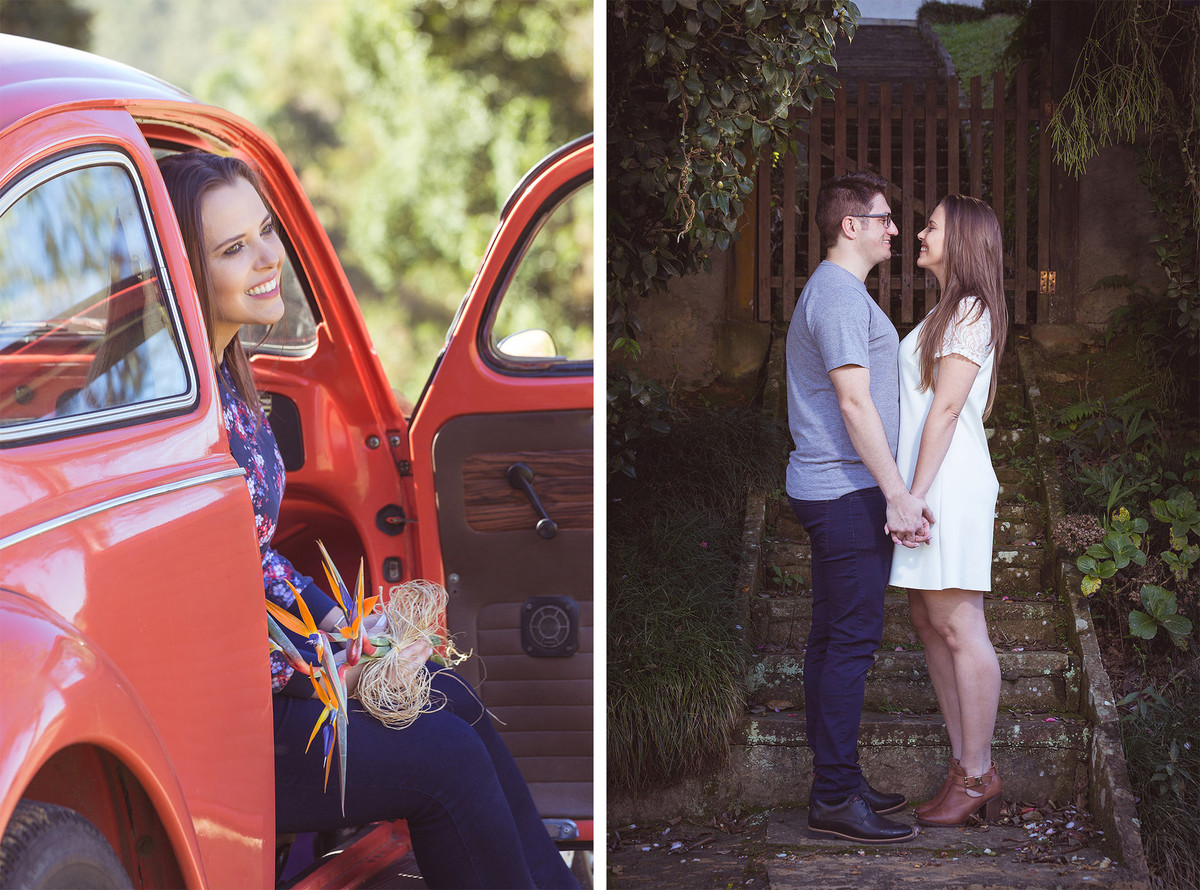Noiva, fusca, casal. Pré-wedding Vaniele e Geovan. Presidente Getúlio, Camping e Pousada Urú. Fotografia de Eduardo Pasqualini, fotógrafo de casamentos e ensaios em Rio do Sul, Santa Catarina.