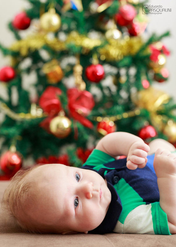 Bebe em frente a árvore de natal. Fotografia de Eduardo Pasqualini, fotógrafo de casamentos e ensaios em Rio do Sul, Santa Catarina.