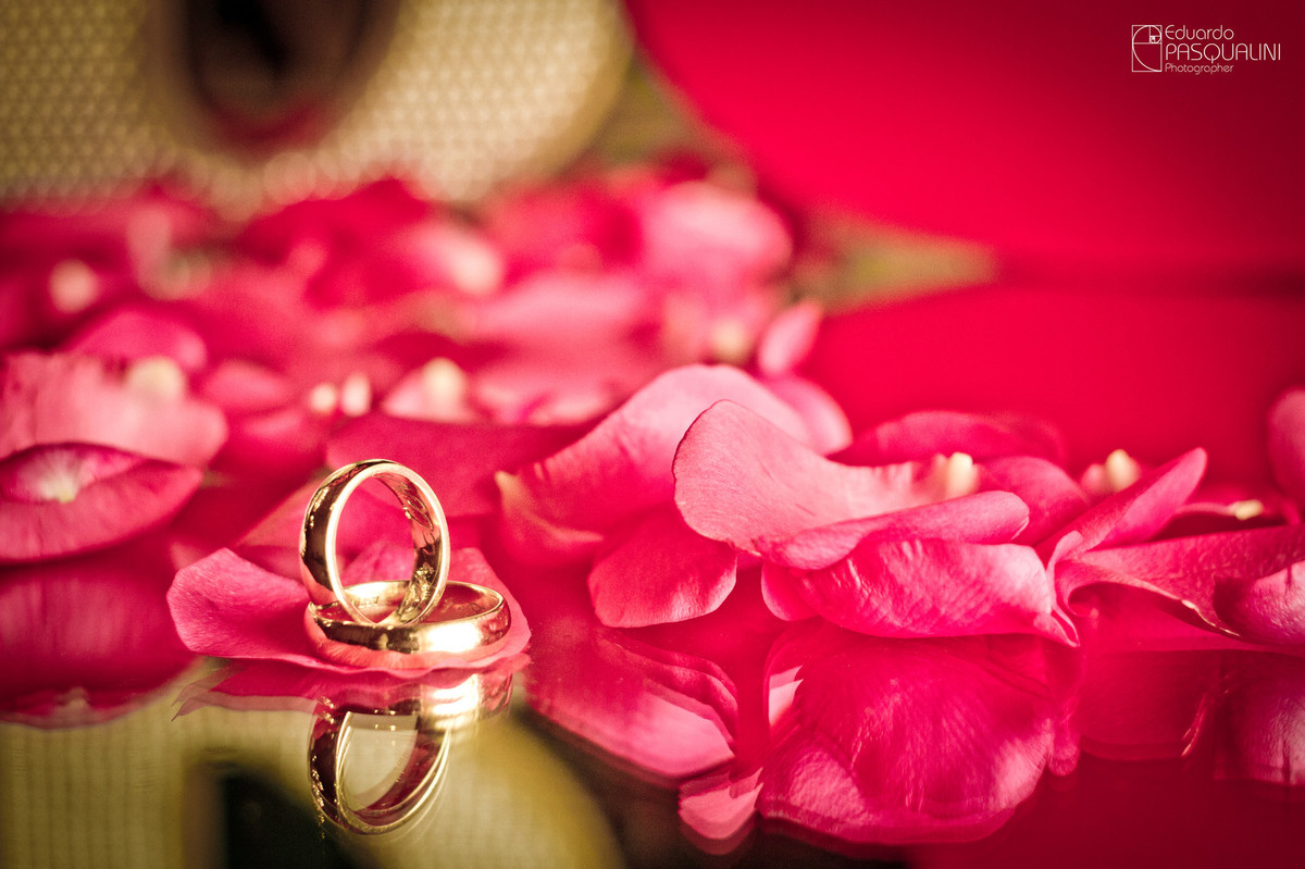 Alianças dos noivos junto a pétalas de rosas vermelhas. Fotografia de Eduardo Pasqualini, fotógrafo de casamentos e ensaios em Rio do Sul, Santa Catarina.