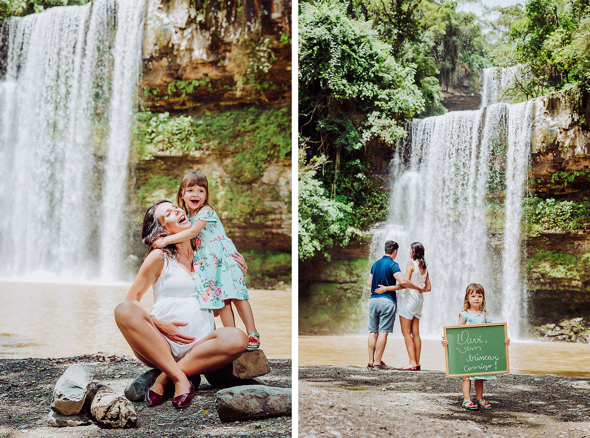 A Alícia não vê a hora de seu irmão chegar. Ensaio Gestante Ângela e Anderson, Gestação Davi. Cachoeira Trombudo Central. Fotografia de Eduardo Pasqualini, fotógrafo de casamentos e ensaios em Rio do Sul, Santa Catarina.