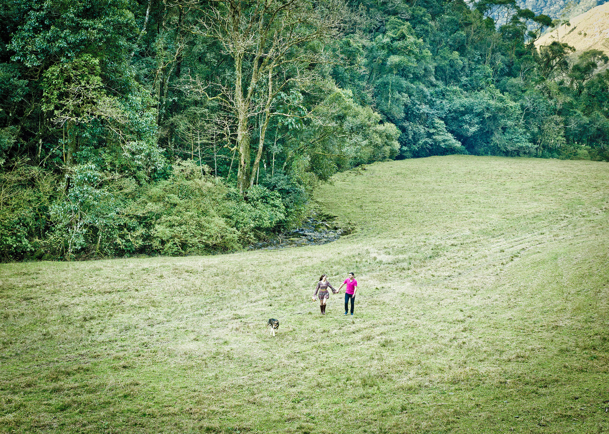 Um casal, um cachorro e um grande pasto. Eduardo Pasqualini Fotografias - Fotógrafo profissional de ensaio e casamento em Santa Catarina, Brasil. Braço do Trombudo.