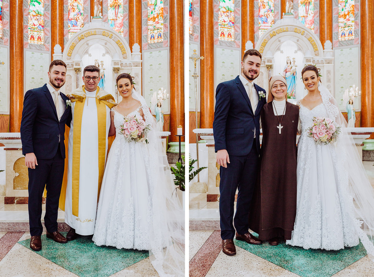 Padre e freira. Casamento Giovanna e Nelso. Catedral São João Batista. Fotografia de Eduardo Pasqualini, fotógrafo de casamento, família e ensaios em Rio do Sul, Santa Catarina.