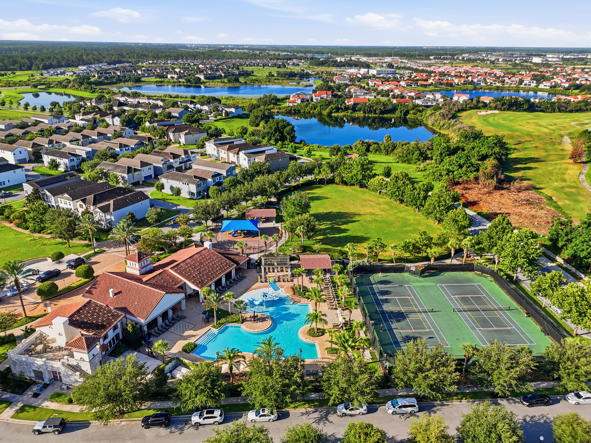 Aerial drone view of Watermark community amenities in Winter Garden FL