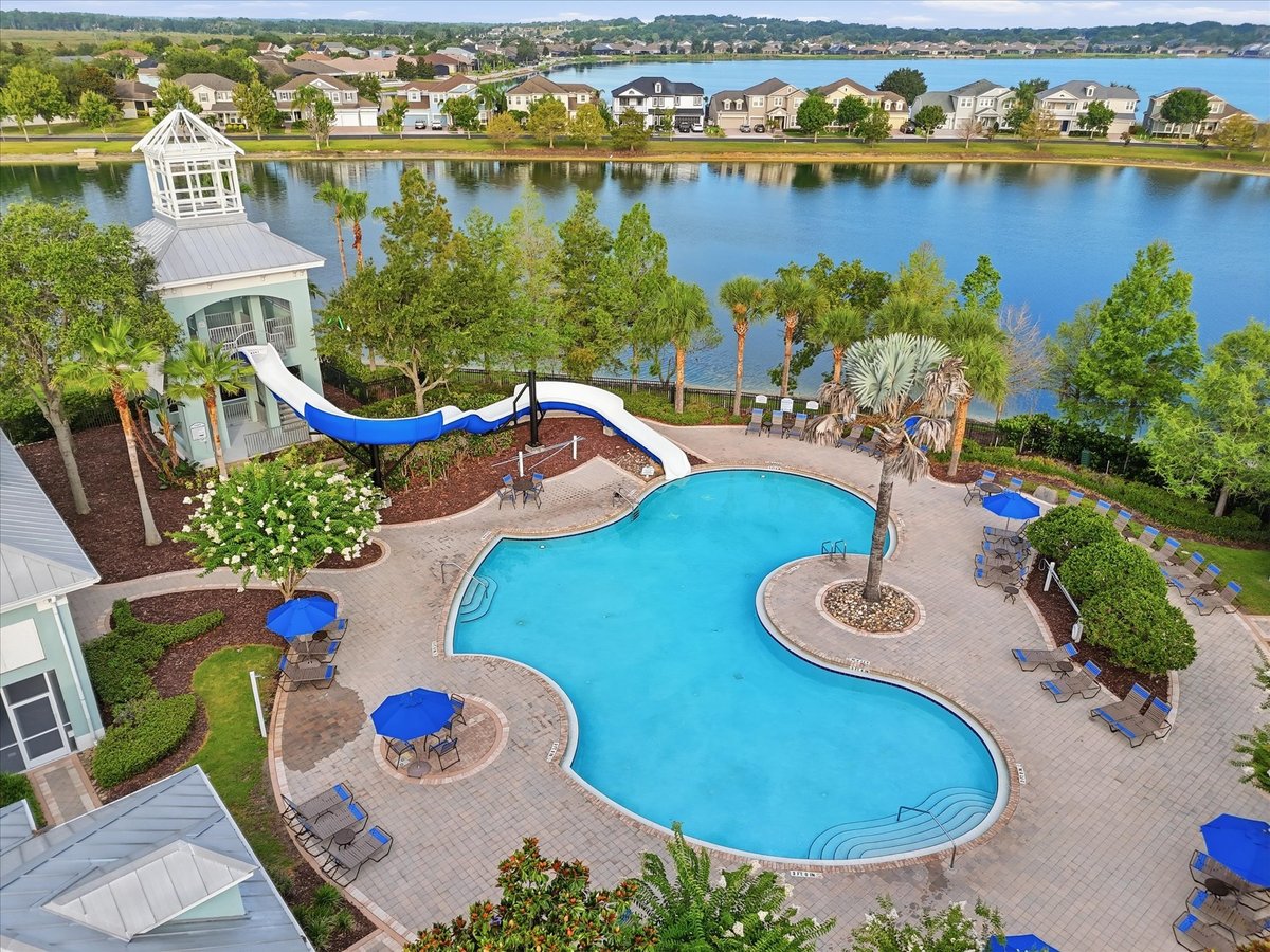 Drone photo of pool and waterslide at Waterside Pointe in Groveland FL