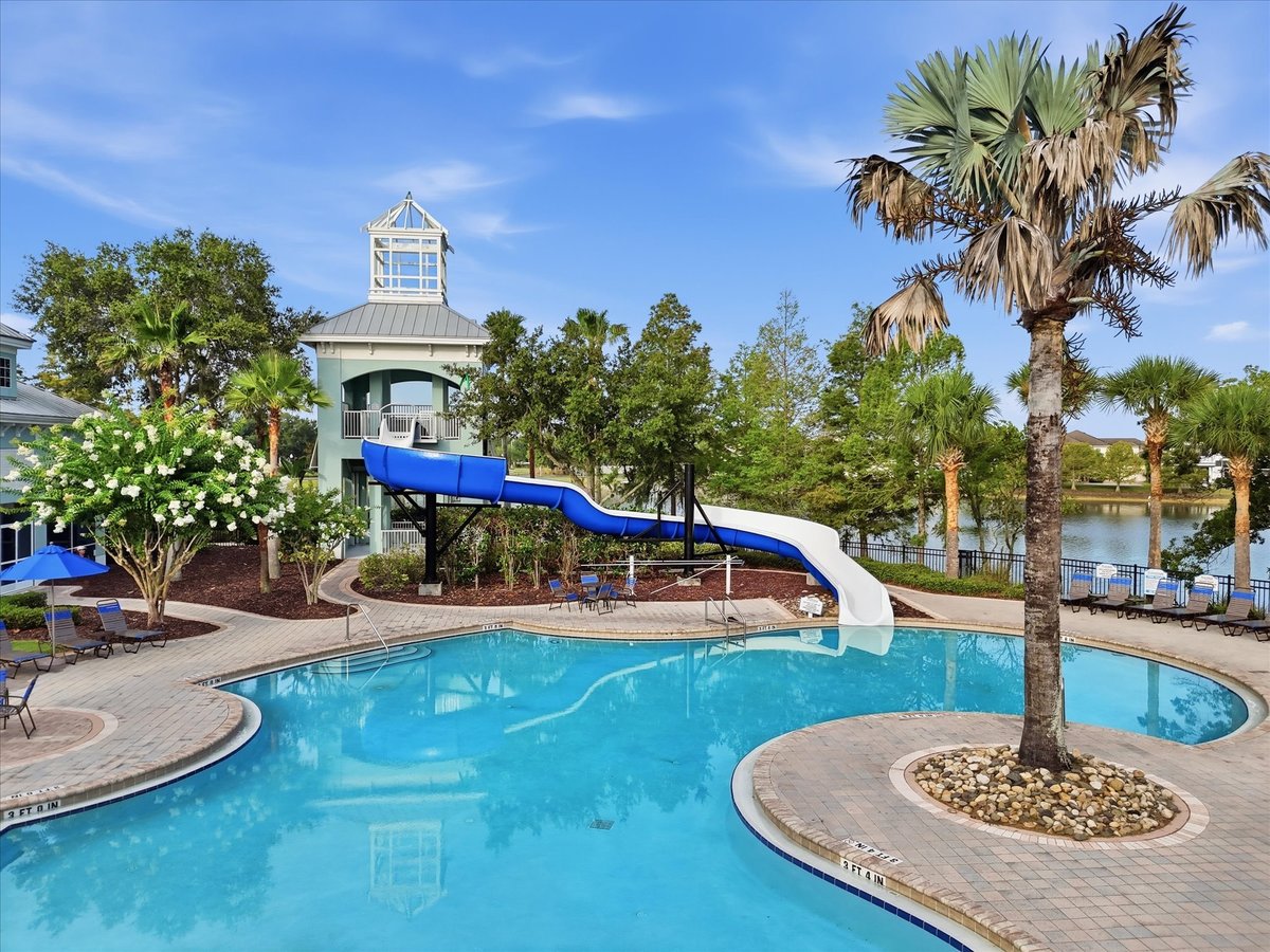 Pool and waterslide photographed by drone at Waterside Pointe Groveland