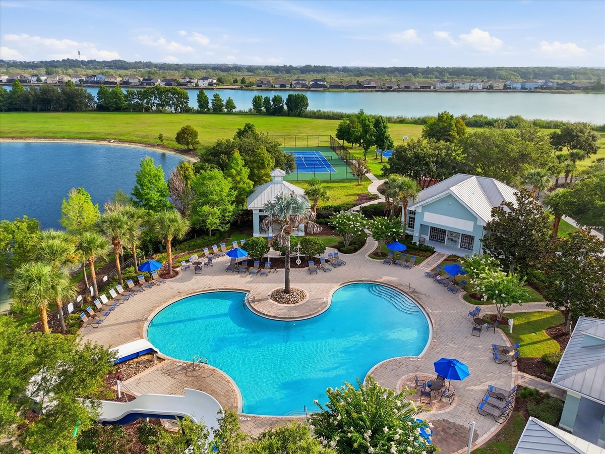 Drone photo of pool and waterslide at Waterside Pointe in Groveland FL