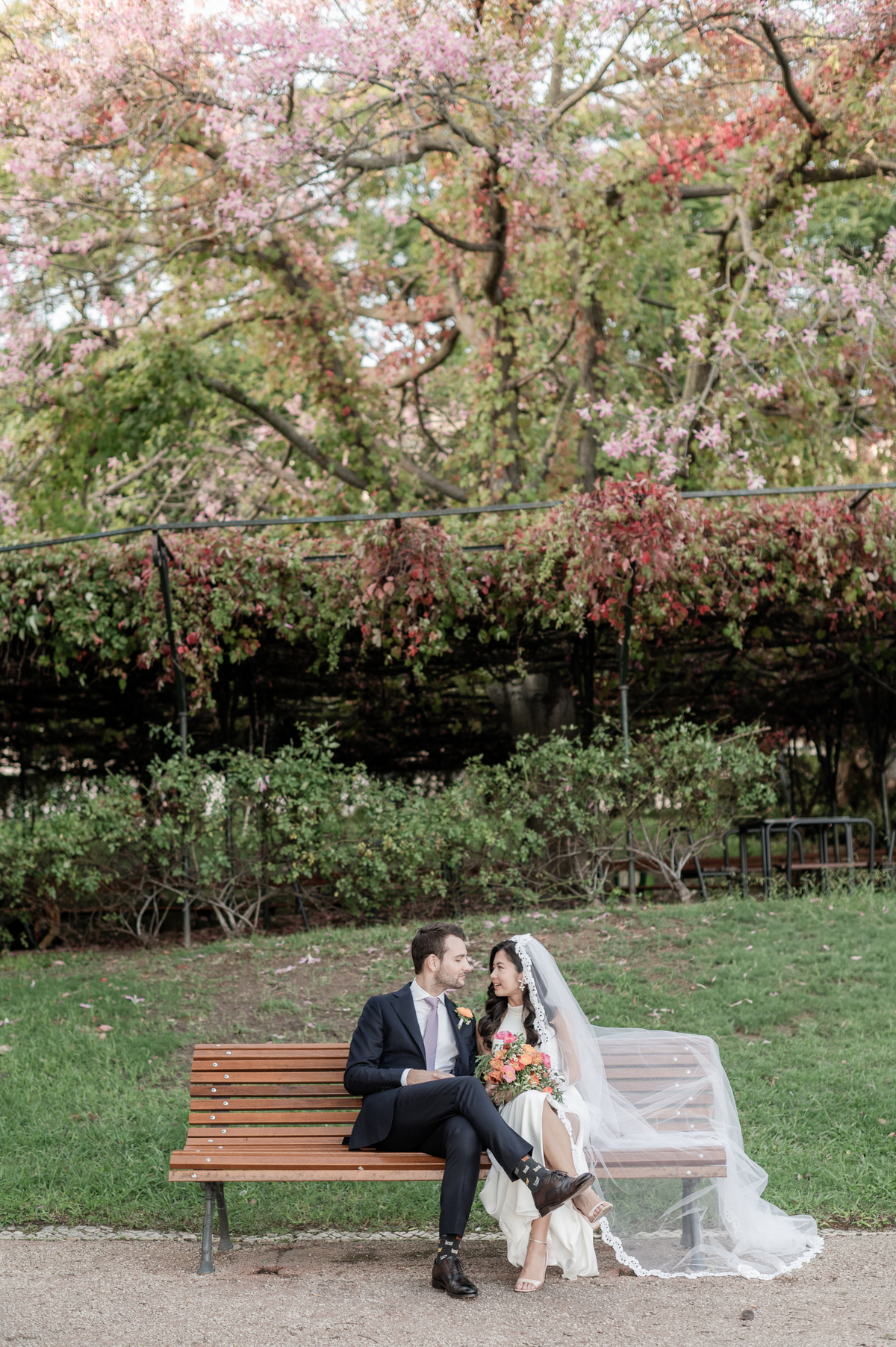 Bride-and-groom-after-ceremony-in-a-Lisbon-park-or-garden