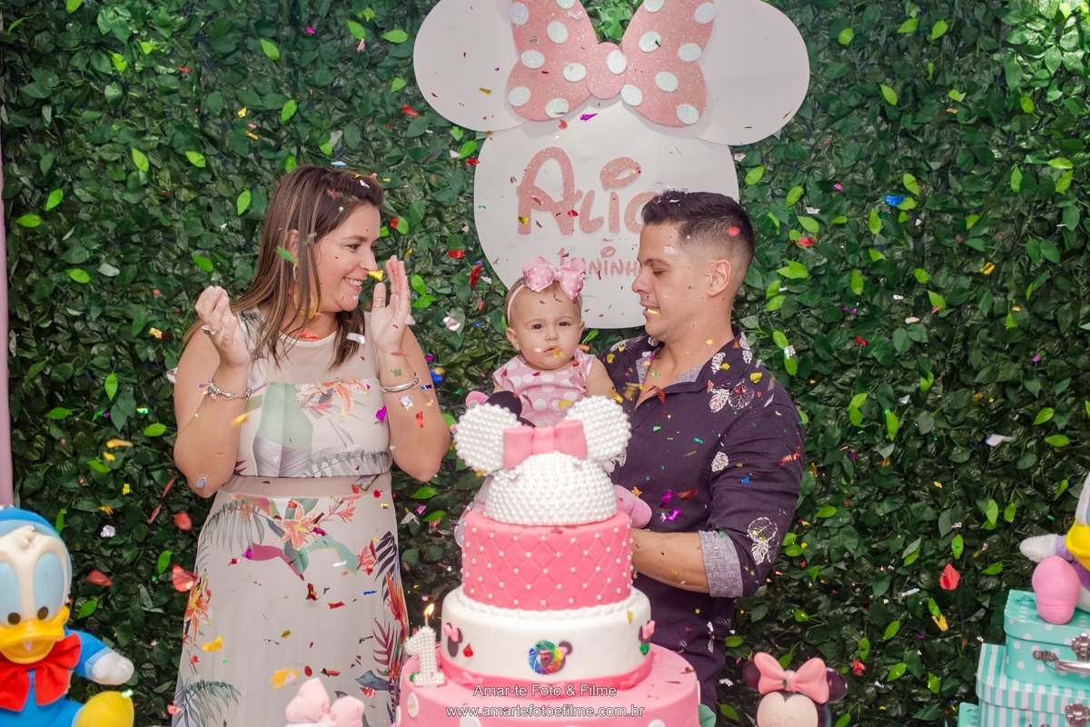 casa de festa mansão dos sonhos, festa infantil, decoração, minnie, familia posando na mesa