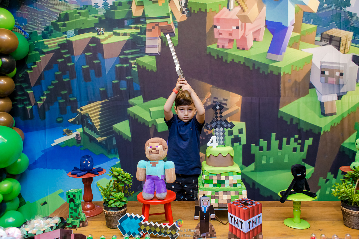 festa, infantil, tema, minecraft, decoração, fotógrafo