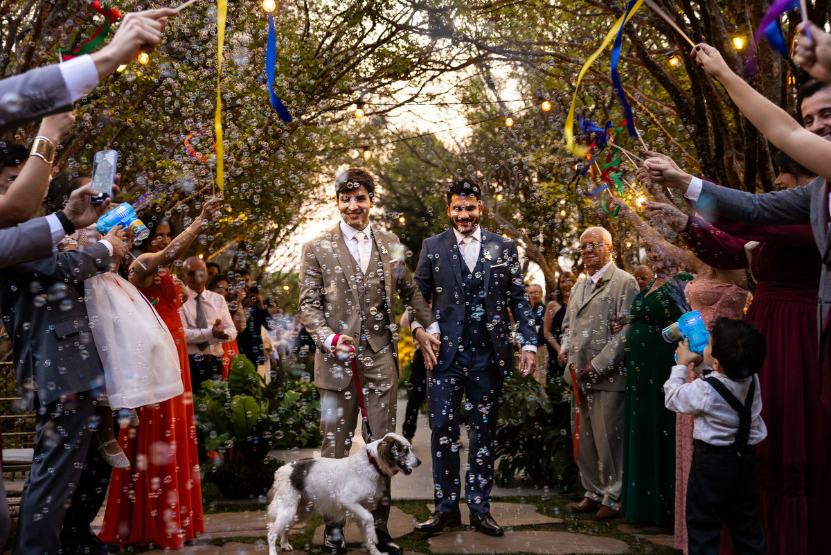 Noivos saem do casamento com cachorra