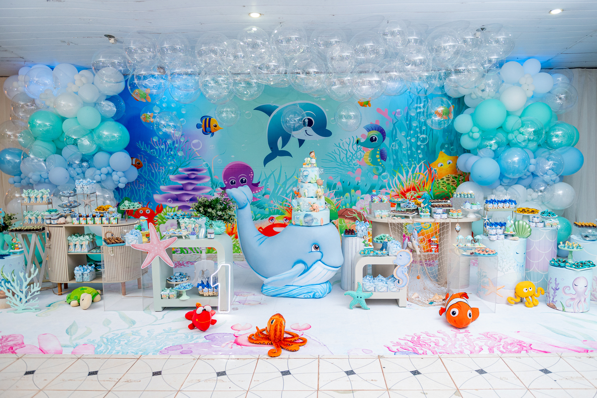 Fotografia do aniversário de 1 ano do Otávio com tema fundo do mar em Guajará-Mirim