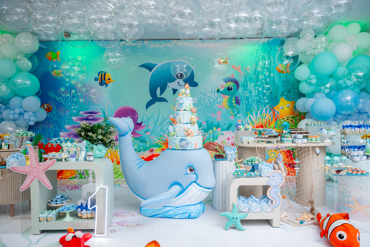 Fotografia do aniversário de 1 ano do Otávio com tema fundo do mar em Guajará-Mirim