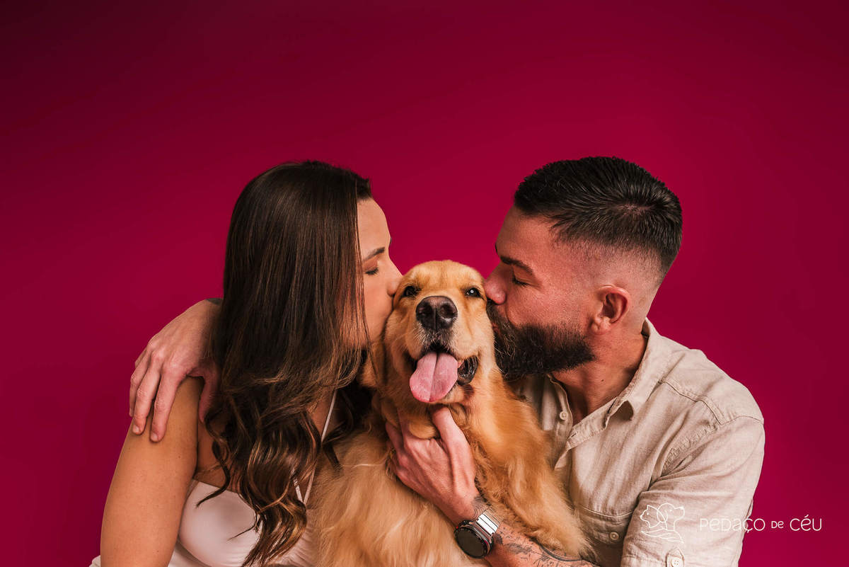 Golden retriever com seus tutores em ensaio fotográfico em família no Rio de Janeiro