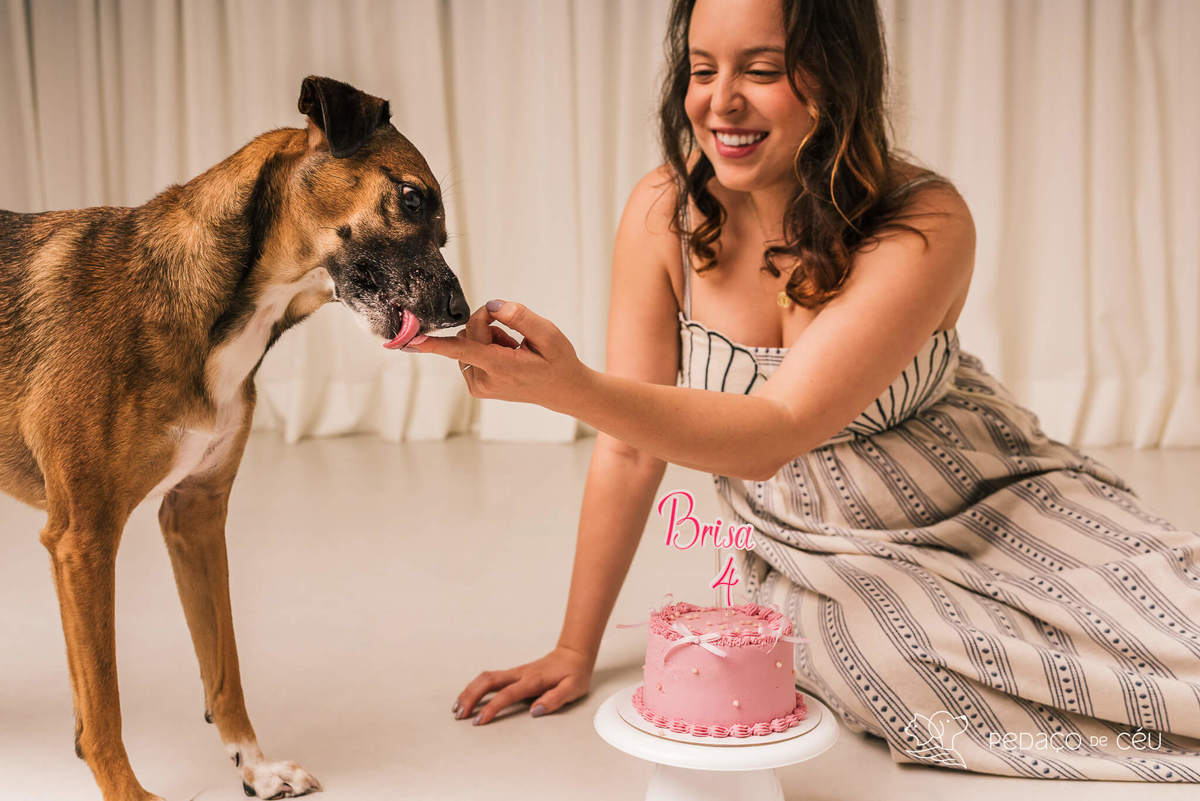 Ensaio atemporal com SRD adotada e sua tutora em estúdio de fotografia pet no Rio de Janeiro