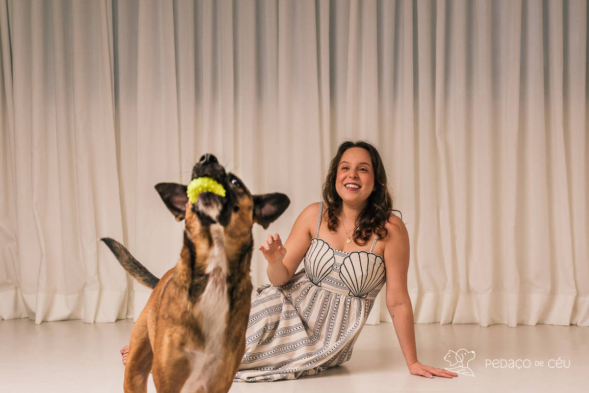 Ensaio atemporal com SRD adotada e sua tutora em estúdio de fotografia pet no Rio de Janeiro